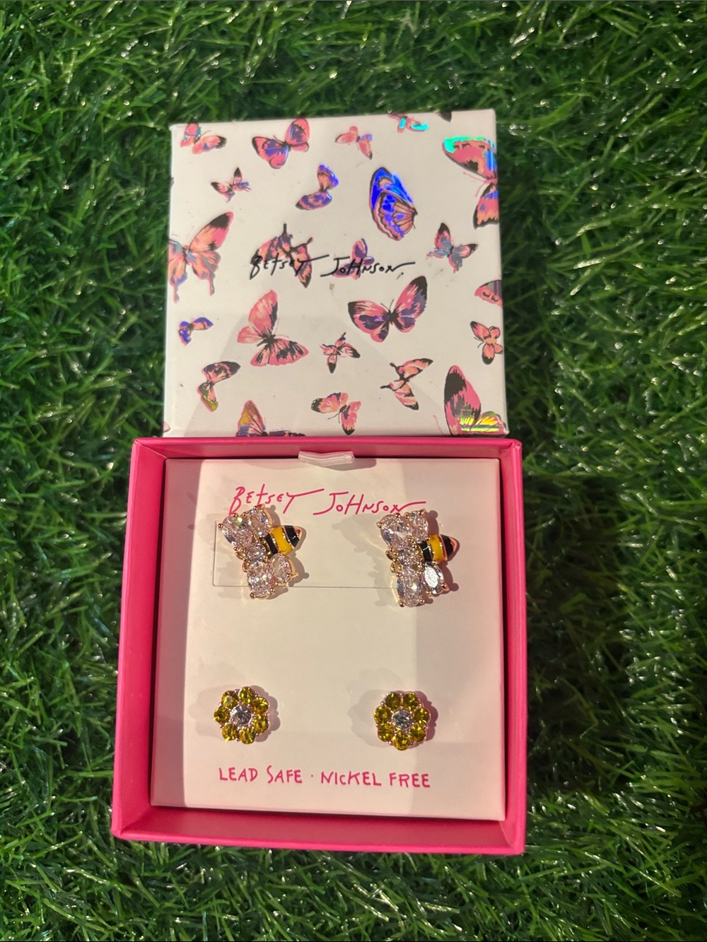 Betsey Johnson Pink and Yellow Bumblebee & Flower Earring Set